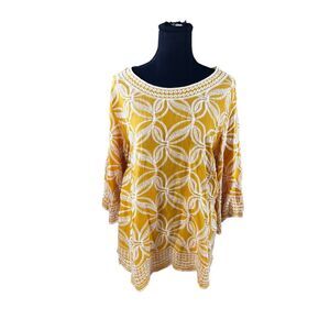Solitaire XL Mustard Yellow Embroidered Tunic Southwestern Boho Top scallop trim